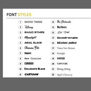 a list of various font styles, including Disney, Radio Stars, Moonlight, Arial Black, Quadrangle, kitchen police, Times New Roman, Georgia, New Courier, Carbon, Cartoon, and Apple Chancery.