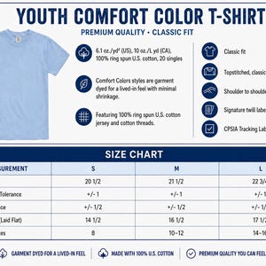 The image is a size chart for a youth comfort color t-shirt, providing measurements and corresponding shirt sizes for different body lengths and chest widths.