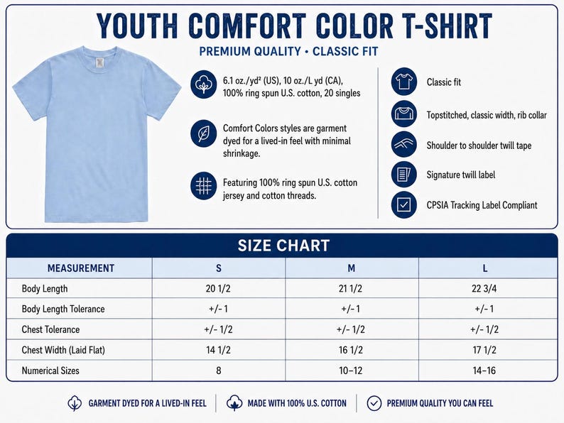 The image is a size chart for a youth comfort color t-shirt, providing measurements and corresponding shirt sizes for different body lengths and chest widths.