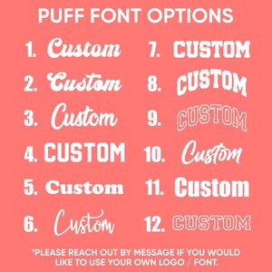 a list of custom font options, including "Custom" in various sizes and styles. The text is written in a bold, white font against a red background.