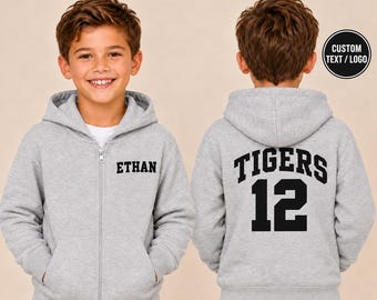 Custom Youth Zip Hoodie, Personalized Team Name and Number Jacket, Front and Back Print, Kids Sports Full Zip Sweatshirt