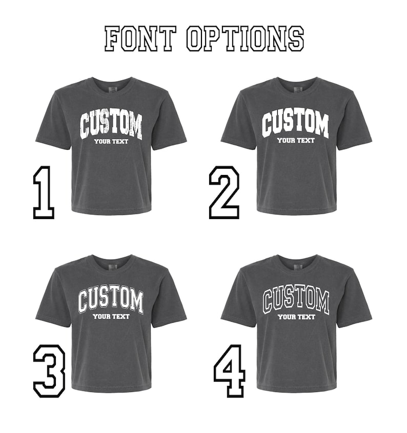 four gray t-shirts with the word "CUSTOM" printed on them. Each t-shirt has a different font size and style, allowing for customization of the text.