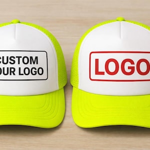 May include: Two neon yellow trucker caps with white fronts. One cap has the text "CUSTOM YOUR LOGO" in a black rectangle, and the other has "LOGO" in a red rectangle. The caps have a mesh back.