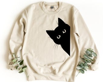 Schwarze Katze Sweatshirt, Minimalist Kitty Design (Erwachsene, Jugend, Kleinkind Größen)