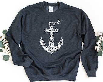 Sweat-shirt Anchor, Pull Anchor Birds, Sweat-shirt pull nautique, Swearshirt Beach Crewneck, Cadeau pour capitaine, Cadeau pour marin