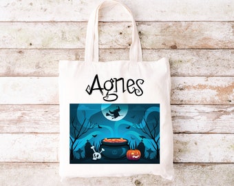 Personalized Halloween Tote Bag Customized Halloween Tote Bag Pumpkin Skeleton Ghost Witch Black Cat Castle Canvas Tote Bag