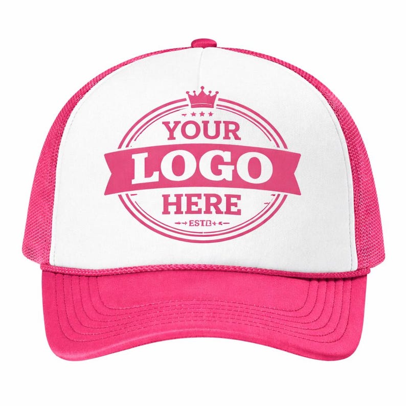 A pink and white baseball cap with a logo on it.