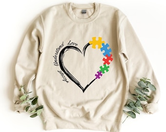 Autism Puzzle Heart Sweatshirt, Accept Understand Love (Unisex S-XXL)