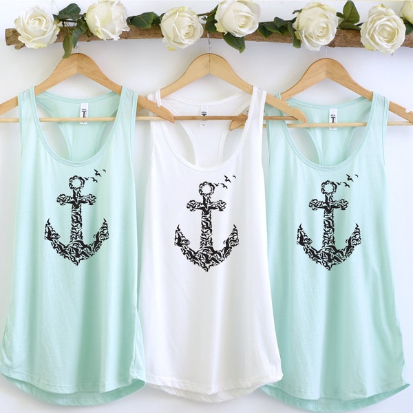 Nautical Racerback Tank Top, Anchor Tank Top, Gift For Sailor, Women's Tank Top, Beach Tank Top, Summer Tank Tops, Anchor Birds Shirt