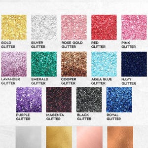 The image is a color chart that displays various glitter colors, including gold, silver, rose gold, red, pink, glitter, lavender, emerald, copper, aqua blue, navy, purple, ripple, magenta, black, royal glitter, and bronze.