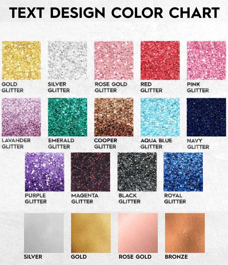 The image is a color chart that displays various glitter colors, including gold, silver, rose gold, red, pink, glitter, lavender, emerald, copper, aqua blue, navy, purple, ripple, magenta, black, royal glitter, and bronze.
