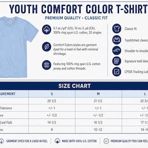 The image is a size chart for a youth comfort color t-shirt, providing measurements and corresponding shirt sizes for different body lengths and chest widths.