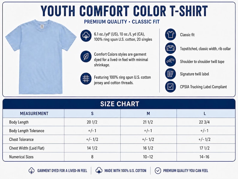 The image is a size chart for a youth comfort color t-shirt, providing measurements and corresponding shirt sizes for different body lengths and chest widths.