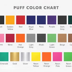 The image is a color chart that displays various colors, including white, black, gold, red, royal blue, purple, grey, green, orange, pink, d. pink, wine, hot orange, kaki, light grey, beige, camel, sky blue, mint, emerald, gold, silver, neon yellow, neon orange, neon pink, neon green, and neon blue.