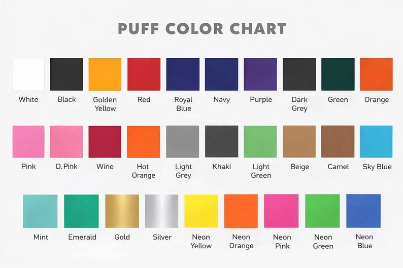The image is a color chart that displays various colors, including white, black, gold, red, royal blue, purple, grey, green, orange, pink, d. pink, wine, hot orange, kaki, light grey, beige, camel, sky blue, mint, emerald, gold, silver, neon yellow, neon orange, neon pink, neon green, and neon blue.