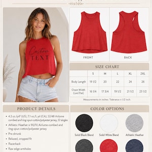 The image is a collage of three images featuring a woman wearing a red cropped racerback tank top. The first image shows the woman from the front, the second image shows her from the back, and the third image shows her from the side. The image also includes details about the tank top, such as its size chart, product details, and color options.