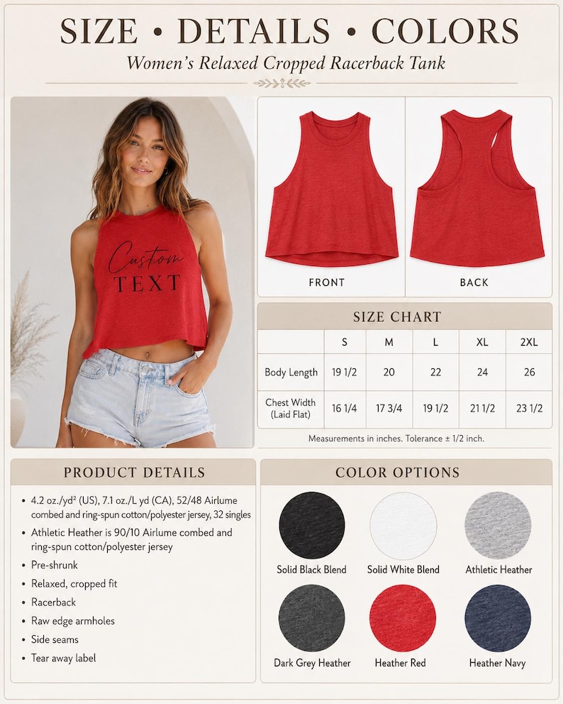 The image is a collage of three images featuring a woman wearing a red cropped racerback tank top. The first image shows the woman from the front, the second image shows her from the back, and the third image shows her from the side. The image also includes details about the tank top, such as its size chart, product details, and color options.