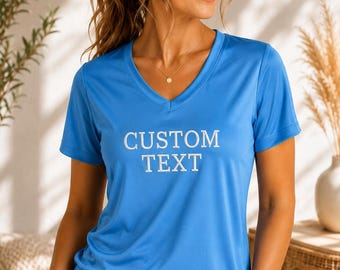 Custom Text Women’s V Neck Shirt, Moisture Wicking Workout Tee, Personalized Athletic Tee, Team Shirt