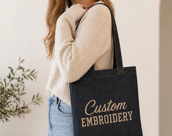 Custom Denim Tote Bag, Embroidered Design (Reusable, One Size)
