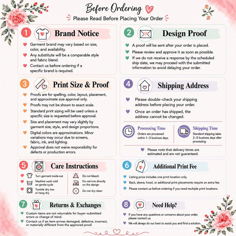 The image is a printed guide or instructions for placing an order, providing information on various aspects of the ordering process, such as brand notice, design proof, print size and proof, shipping address, processing time, and returns and exchanges.