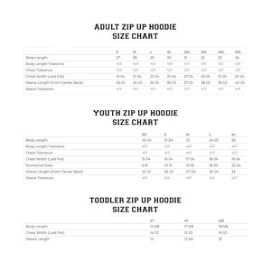 the size chart for a toddler's zip hoodie