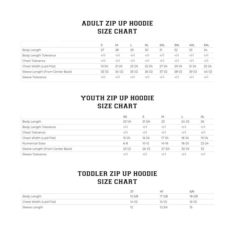 the size chart for a toddler's zip hoodie