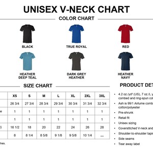 The image is a color chart and size chart for a collection of T-shirts, providing information on the different sizes and colors available.