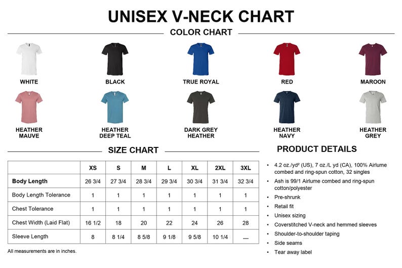 The image is a color chart and size chart for a collection of T-shirts, providing information on the different sizes and colors available.