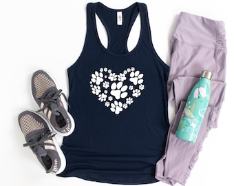 Camiseta sin mangas Paw Heart, camisetas sin mangas para amantes de los perros, camisa amante de los animales, espalda cruzada con estampado de patas, tanque para amantes de las mascotas, regalo para amantes de los perros, tanque para mujer
