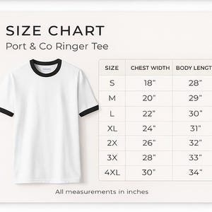 a size chart for a Port & Co Ringer Tee, including measurements for chest width, body length, and sleeve length.