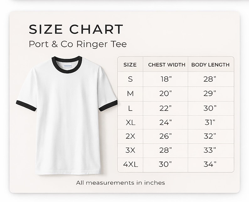 a size chart for a Port & Co Ringer Tee, including measurements for chest width, body length, and sleeve length.