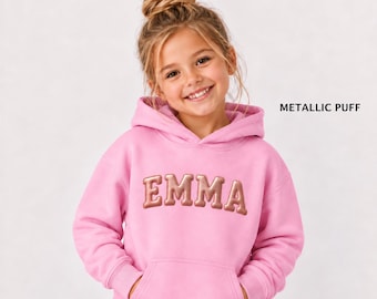 Personalized Kids Metallic Puff Hoodie, Custom Name Youth Sweatshirt, Rose Gold 3D Puff Print, Girls Birthday Gift