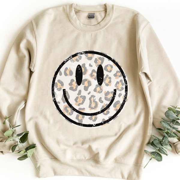 Smile Leopard Sweatshirt, Smile Face Crewneck, Trendy Smile Face Sweatshirt, Smile Face Hoodie, Positivity Sweatshirt, Women Preppy Gifts