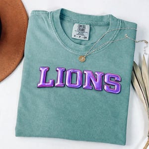 A turquoise t-shirt with the word "LIONS" printed in purple letters, along with a necklace and a brown hat.