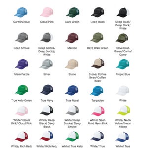 a collection of trucker hat colors, including various shades of blue, pink, green, and black, as well as different styles and patterns.