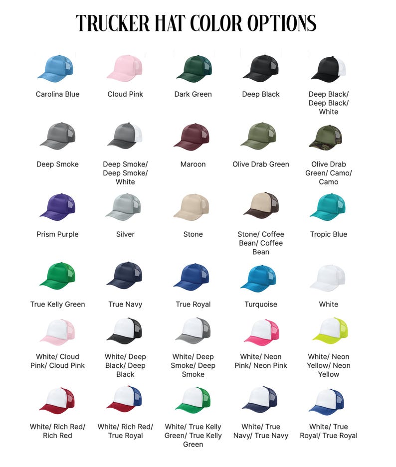 a collection of trucker hat colors, including various shades of blue, pink, green, and black, as well as different styles and patterns.