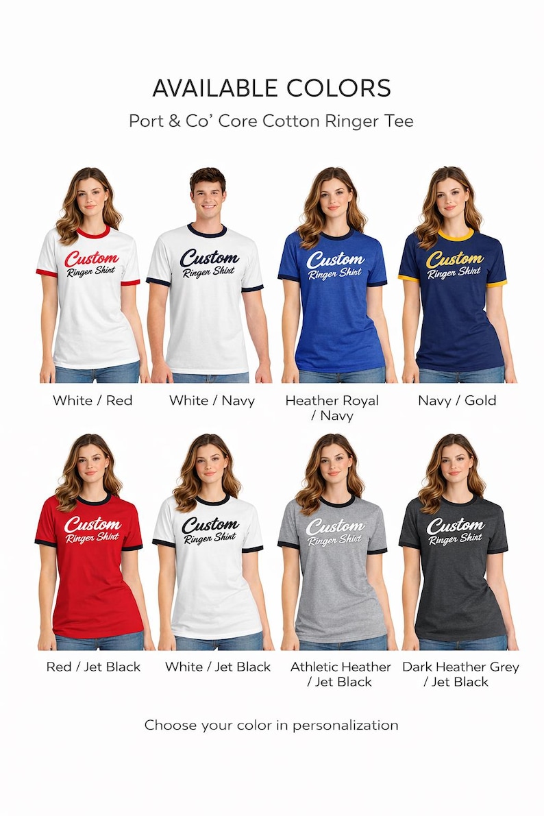 a collection of t-shirts in various colors, including white, red, navy, gold, white/navy, navy/royal, and grey, as well as a navy/gold t-shirt. The t-shirts feature the text "Custom" and "Ringer Shirt" printed on them.