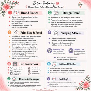 The image is a printed guide or instructions for placing an order, providing information on various aspects of the ordering process, such as brand notice, design proof, print size and proof, shipping address, processing time, and returns and exchanges.