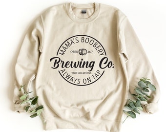 Sudadera Brewing Co, sudadera divertida con cuello redondo para amamantar, jersey Boobery de mamá, sudadera para nueva mamá, sudadera para el Día de la Madre