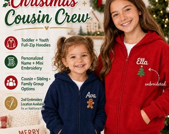 Personalized Christmas Cousin Crew Zip Hoodie, Embroidered Toddler and Youth Hoodie, Custom Name Sibling Family Christmas Gift