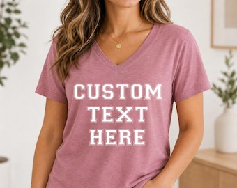 T-shirt met V-hals op maat, T-shirt met V-hals met logo op maat, Voeg je eigen tekst toe, T-shirt met foto op maat, T-shirt met V-hals op maat, Ontwerp je eigen T-shirt