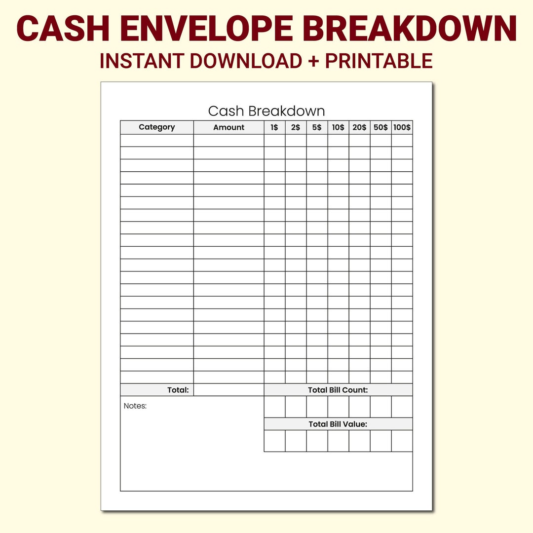 Cash Envelope Breakdown Printable Cash Breakdown Budget Breakdown Sheet