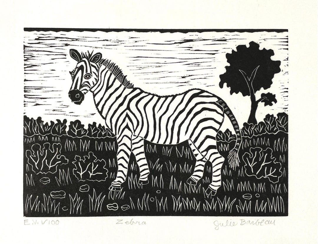 Handmade Zebra Linocut Print: Black and White - Small Safari Landscape ...