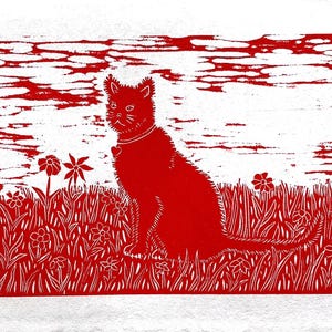 Red Cat Linocut Print: Original Flower Garden Animal Art