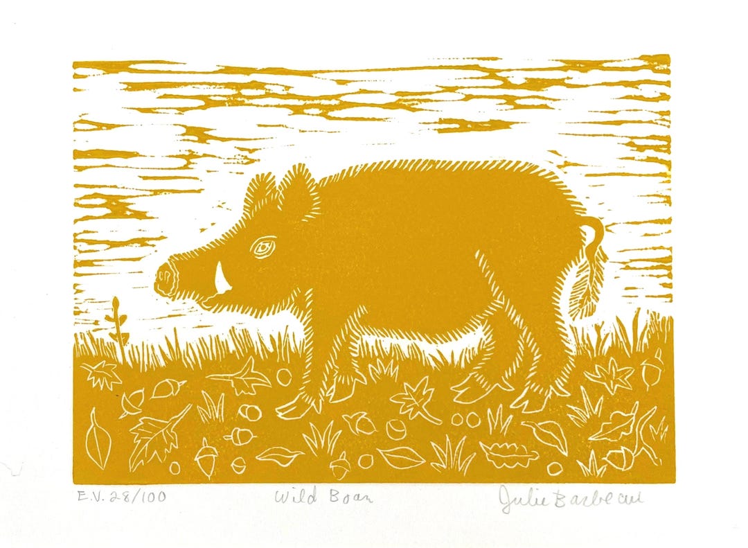 Handmade Wild Boar Linocut Print: Yellow Ink - Small Animal Block Art ...