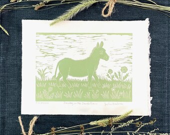 Donkey Linocut Print - Handmade Small Sage Green Art - Original Farm Animal Folk Art