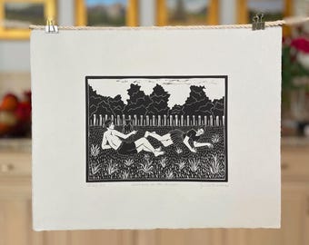 Couple Linocut Print: Black and Green - Handmade Large Block Print - Original Folk Art Landscape