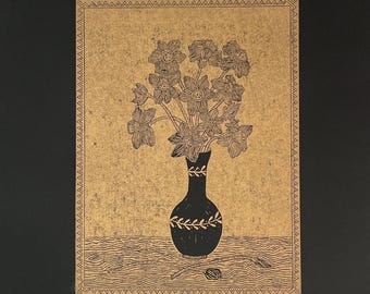 Handmade Daffodil Linocut Print - Gold on Black - Large Floral Artwork - Original Flower Still Life