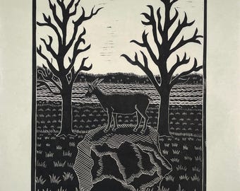 Handmade Goat Linocut Print - Large Black & Green Animal Art - Original Block Print Artwork