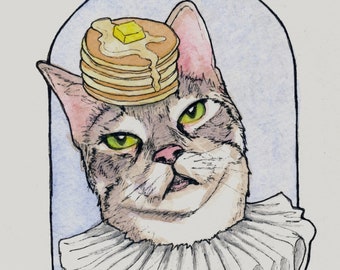 Watercolor Cat Portrait: Handsome Cat with Pancake Hat